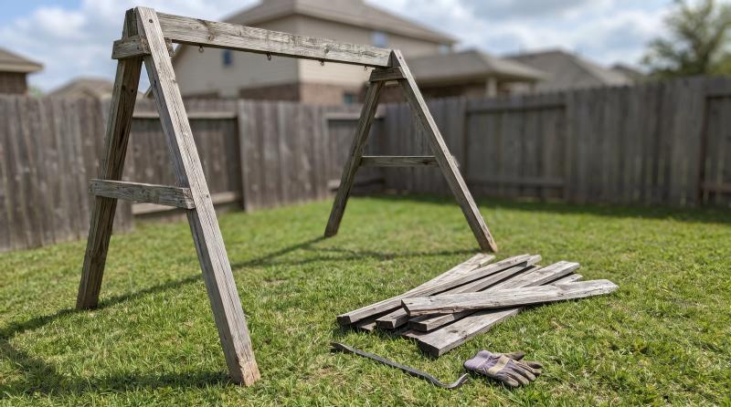 Old wooden swing set partly dismantled in a Caldwell, Idaho backyard, with removed boards stacked on the lawn