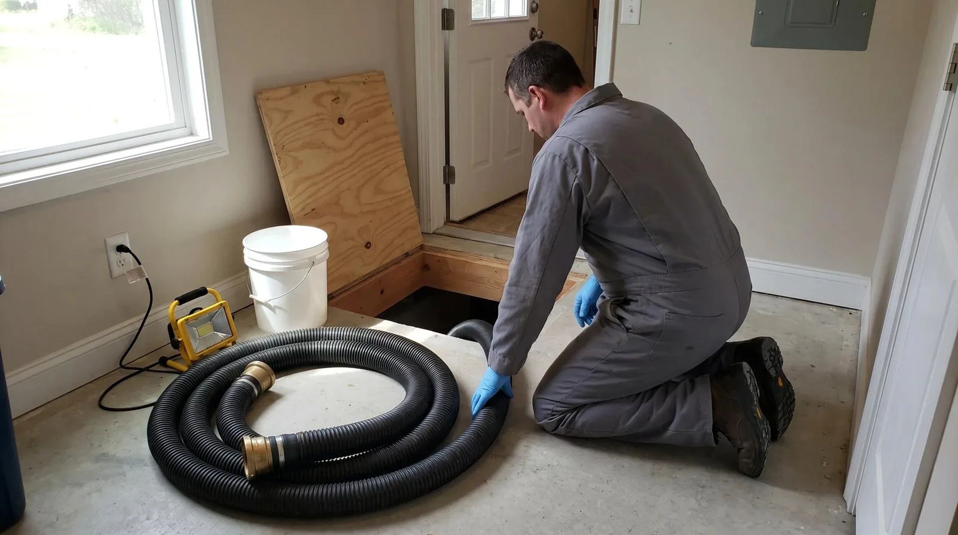 A worker in plain coveralls and gloves kneeling at an open crawl space hatch during a biohazard cleaning job at a home in Nampa, Idaho.