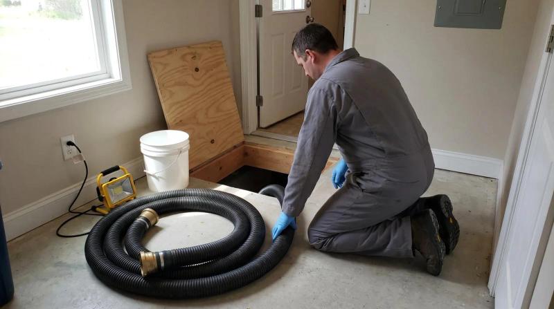 A worker in plain coveralls and gloves kneeling at an open crawl space hatch during a biohazard cleaning job at a home in Nampa, Idaho.