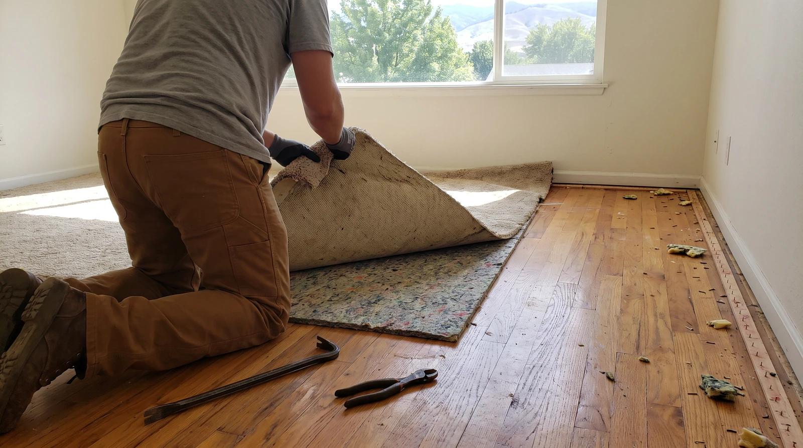 Worker folding back old carpet and pad to show oak hardwood floors in a Boise, Idaho home