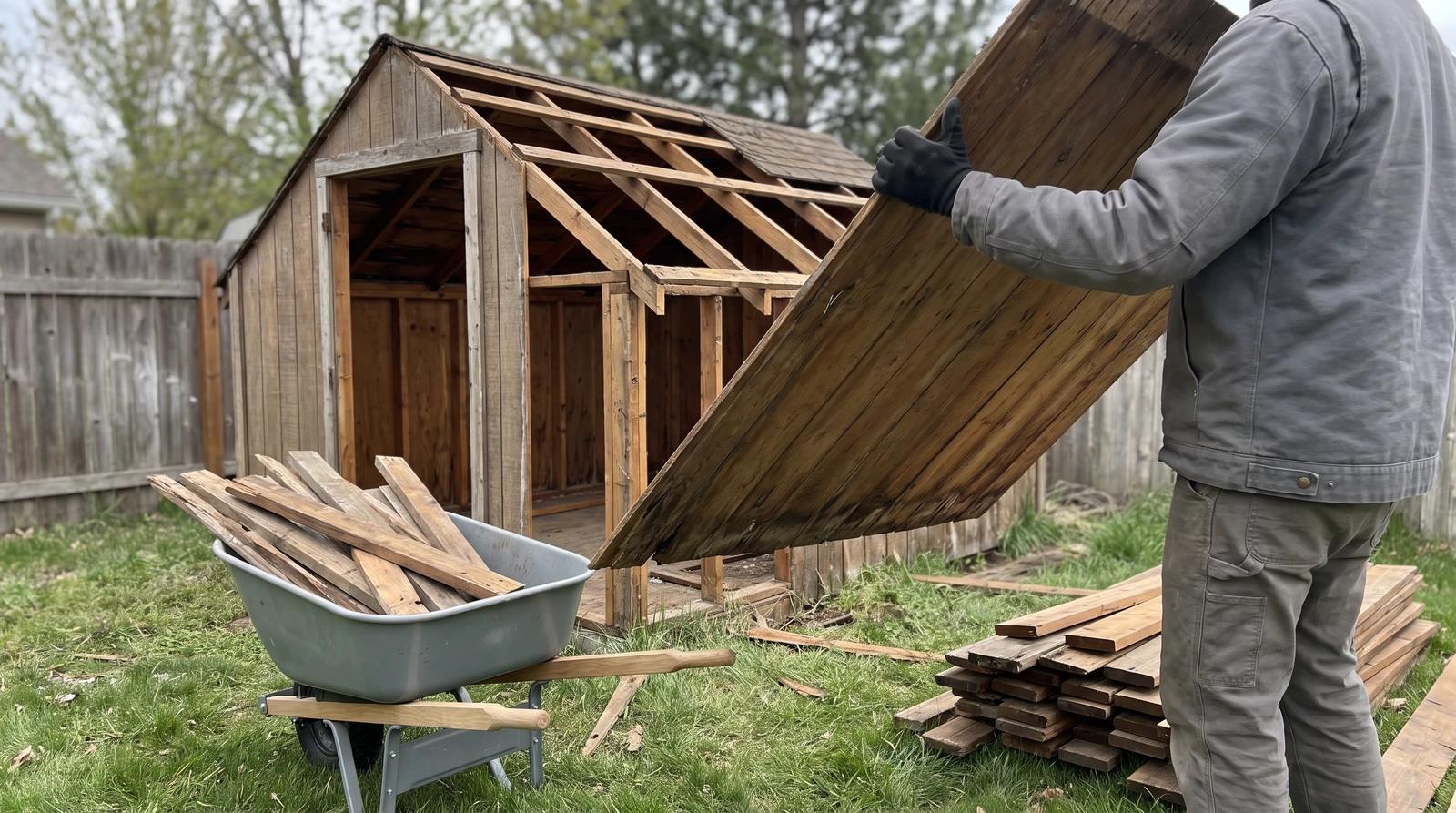 Worker taking apart an old wooden shed in a backyard in Garden City, Idaho, with a wheelbarrow of removed boards nearby