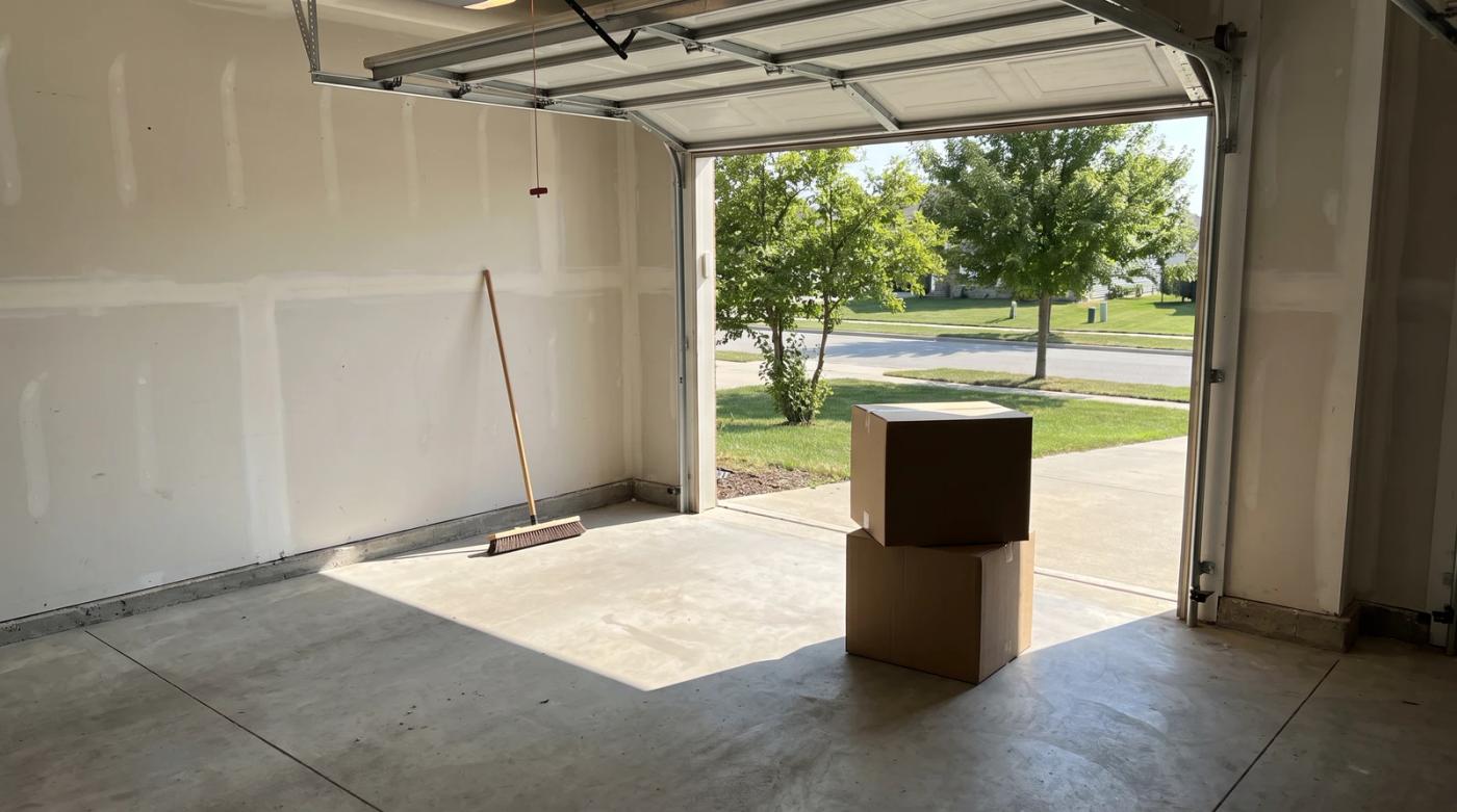 Clean, nearly empty garage in Caldwell, Idaho, swept and ready for listing photos after junk removal before the home sale
