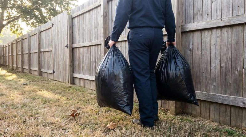 Worker carrying sealed trash bags along a wooden privacy fence during a quiet residential hoarding cleanup in Boise, Idaho