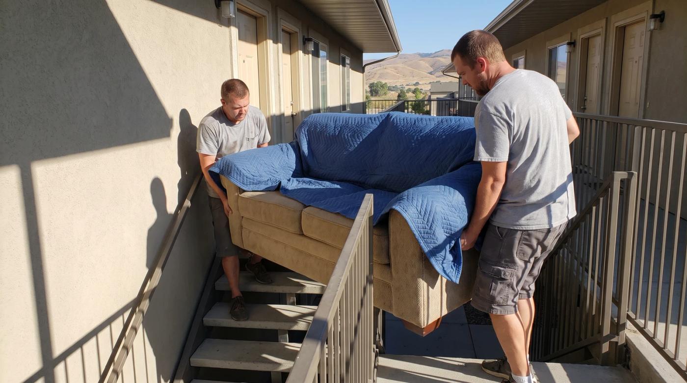 Two movers carrying an old sofa wrapped in a moving blanket down apartment stairs during a couch removal in Nampa, Idaho