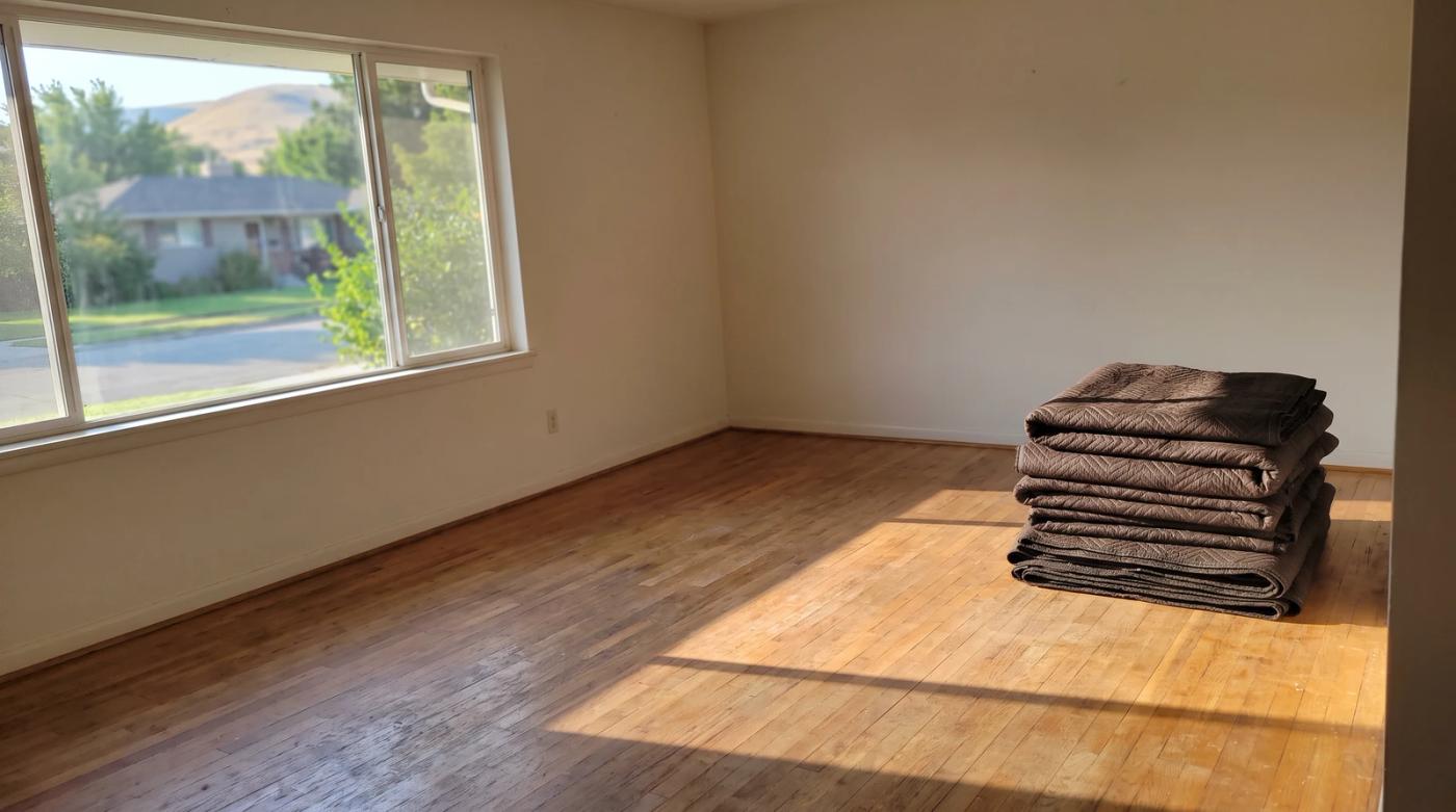 Empty living room with bare wood floors and folded moving blankets after a property cleanout at a home in Boise, Idaho