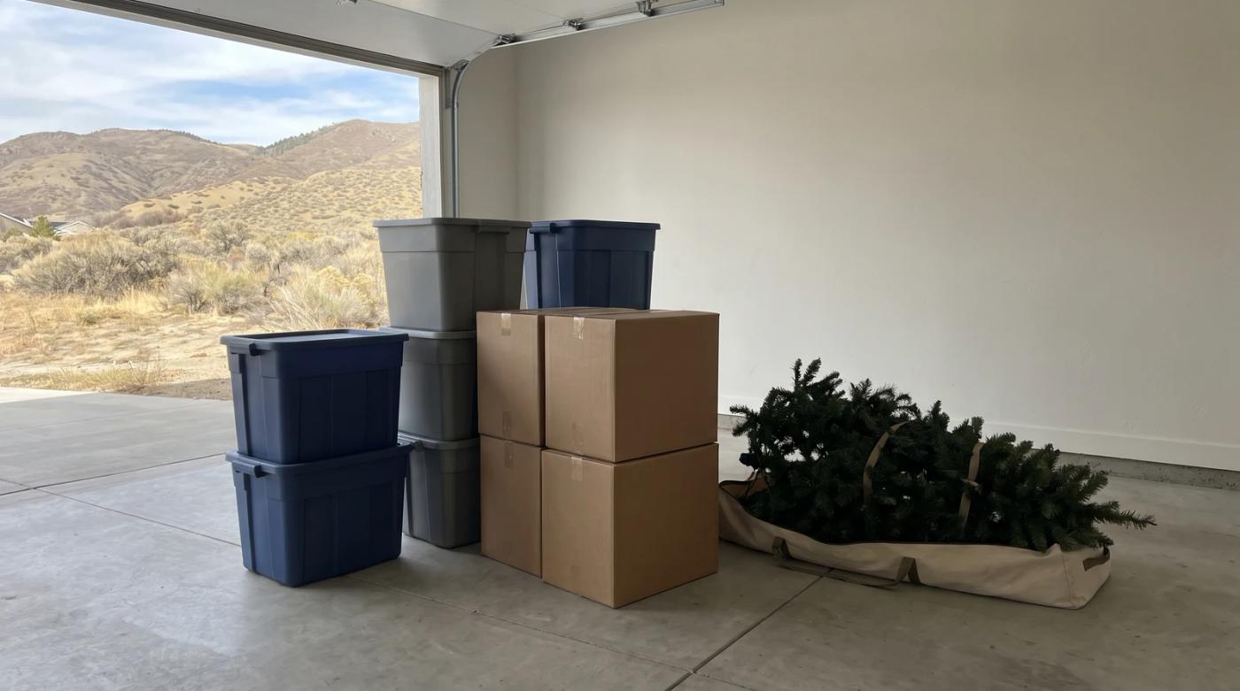Attic items sorted into lidded totes and plain boxes on a garage floor before a roof replacement in Eagle, Idaho