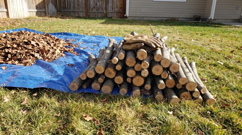 Cut branches stacked neatly beside a tarp of raked fall leaves in a Kuna, Idaho backyard, ready for yard waste removal