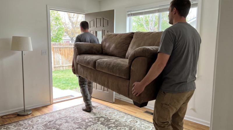 Two furniture removal workers carrying an old brown couch out the front door of a living room in Boise, Idaho
