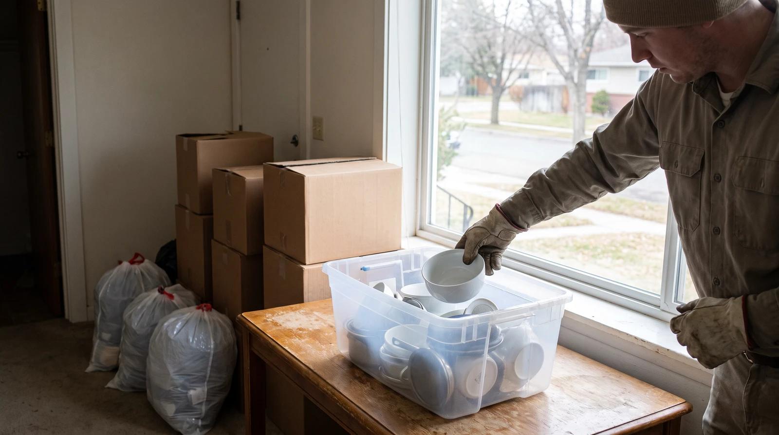 Hoarding cleanup crew member setting aside a cleaned ceramic dish for the family during a biohazard cleanup in a Boise, Idaho home