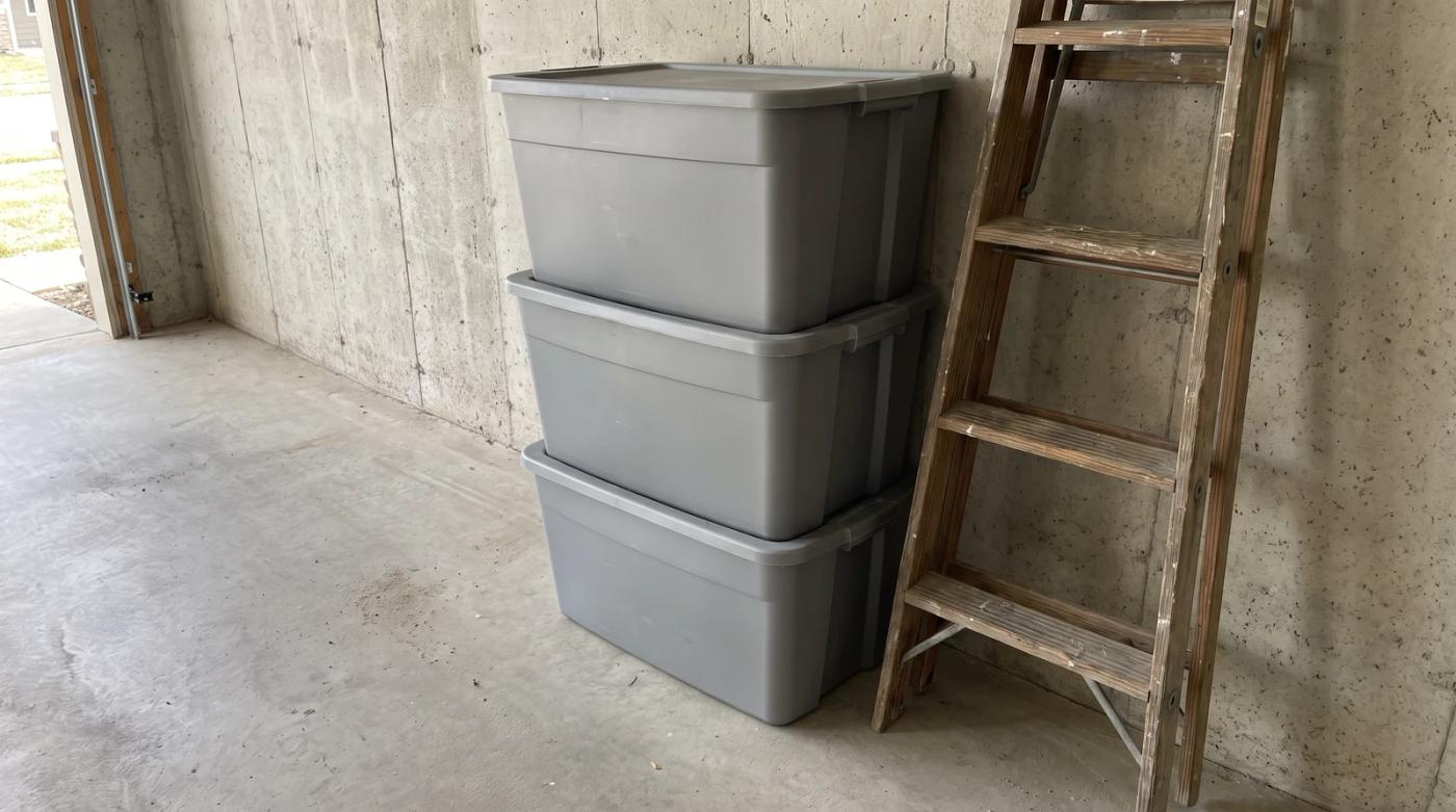Stacked plastic storage totes and a leaning wooden ladder against a bare concrete wall in a Boise area garage before a cleanout