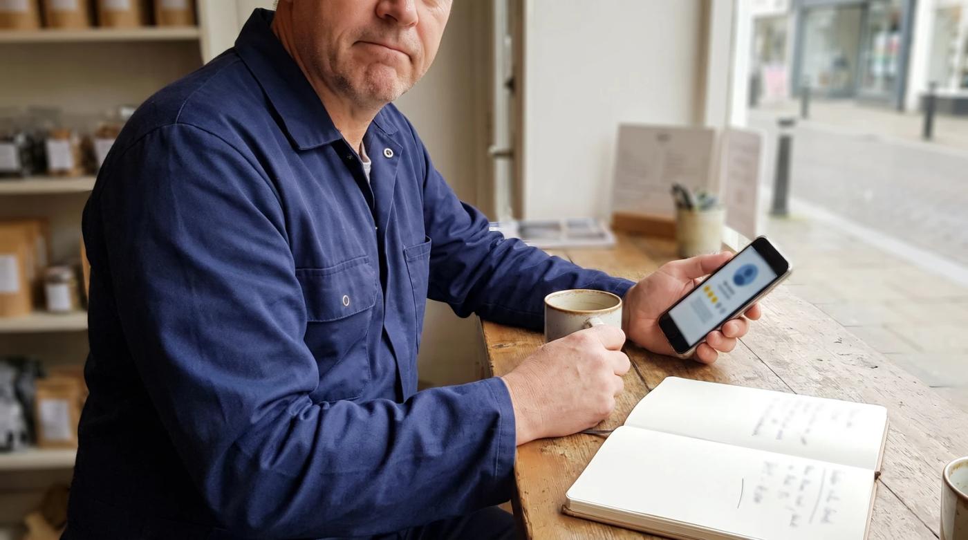 Small business owner at a counter checking their Google Business Profile reviews on a smartphone, next to a coffee mug and notebook