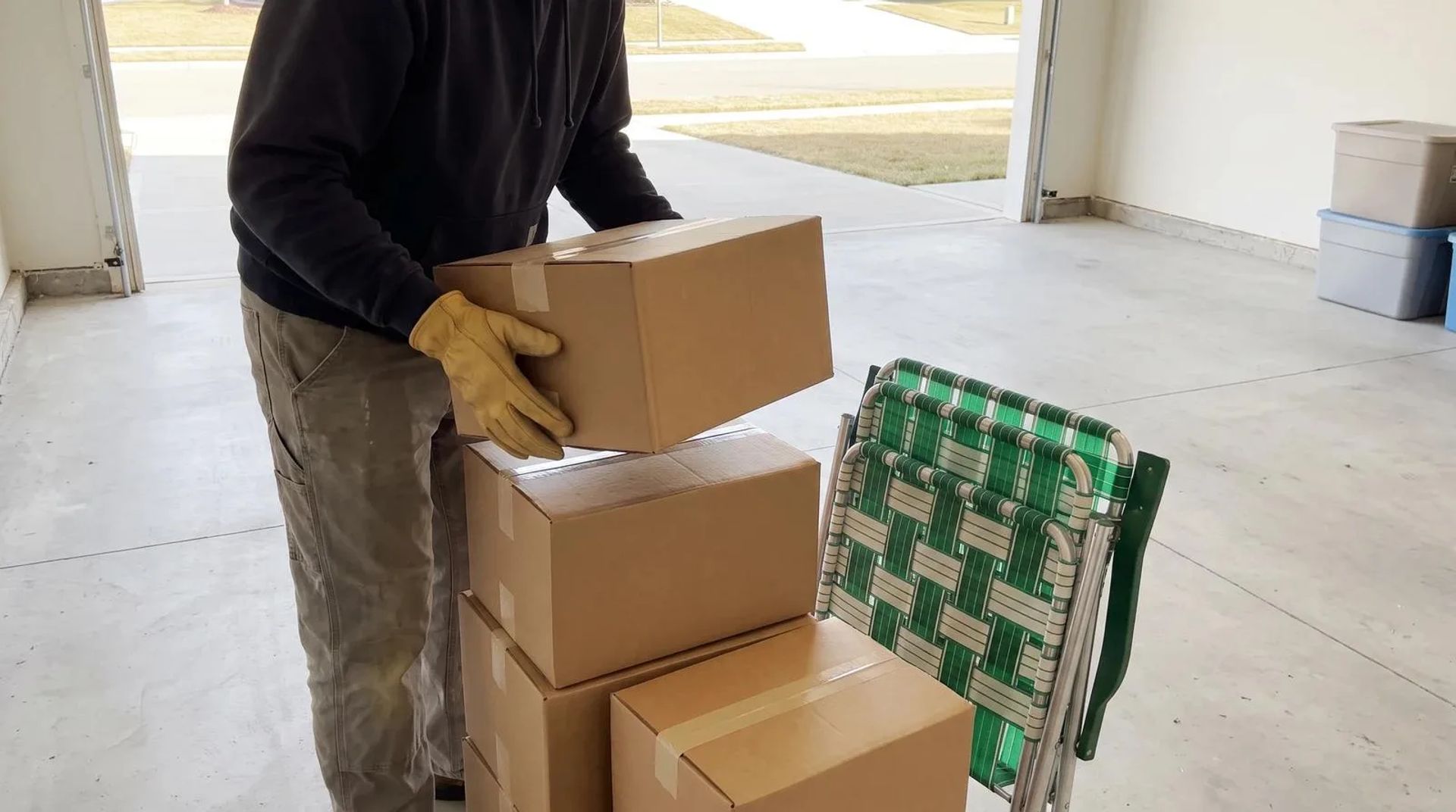 Worker in gloves lifting a cardboard box beside a folded lawn chair in an empty garage during a rental cleanout in Nampa, Idaho