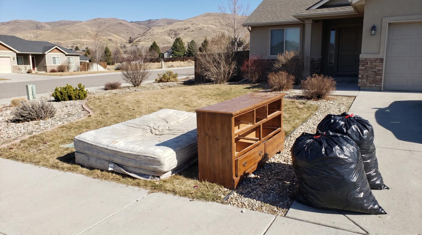An old mattress, a broken dresser, and trash bags staged at a driveway edge for bulk trash removal in Caldwell, Idaho.