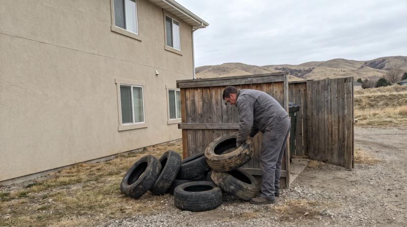Worker in plain gray work clothes lifting an abandoned tire from a stack beside a dumpster enclosure at an apartment complex in Meridian, Idaho