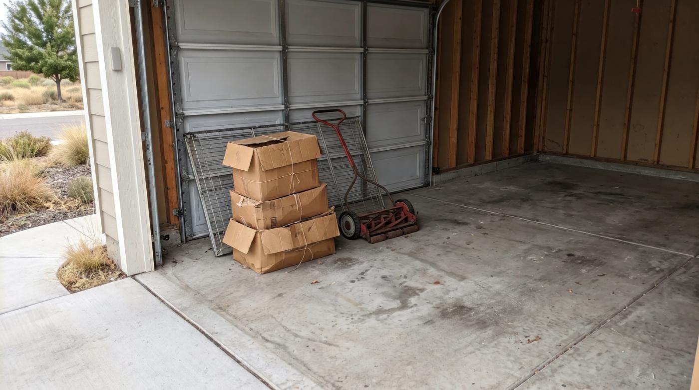 Cluttered two-car garage with old boxes, metal shelving, and a worn mower before a garage cleanout in Kuna, Idaho