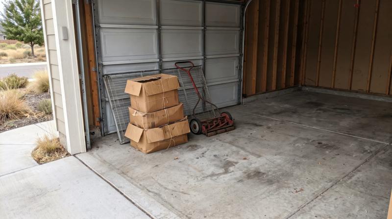 Cluttered two-car garage with old boxes, metal shelving, and a worn mower before a garage cleanout in Kuna, Idaho