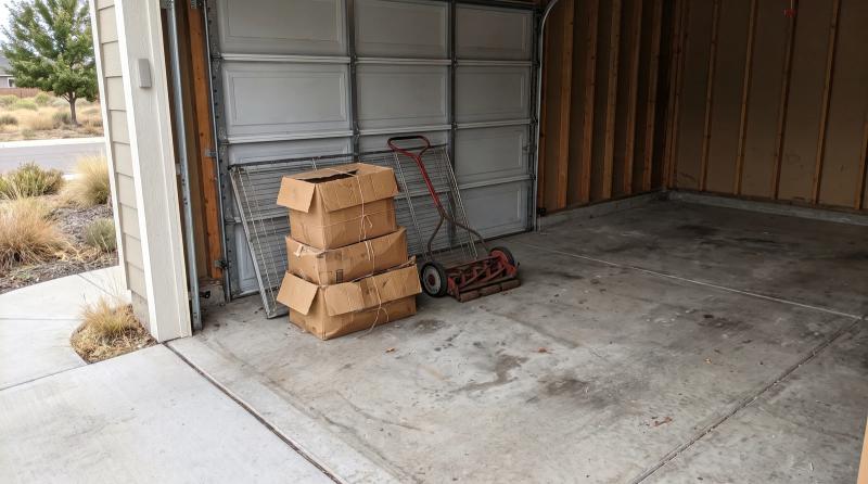 Cluttered two-car garage with old boxes, metal shelving, and a worn mower before a garage cleanout in Kuna, Idaho