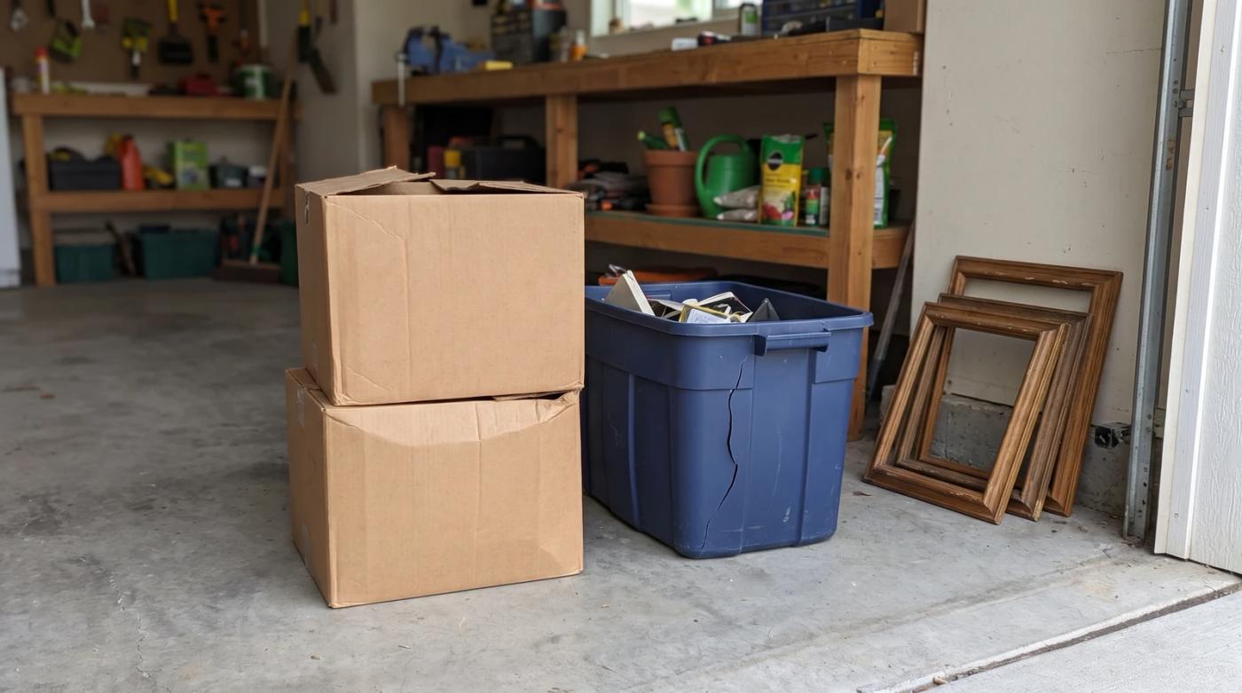 Unmarked cardboard boxes, a cracked storage bin, and old picture frames sorted on a garage floor after an attic cleanout in Star, Idaho