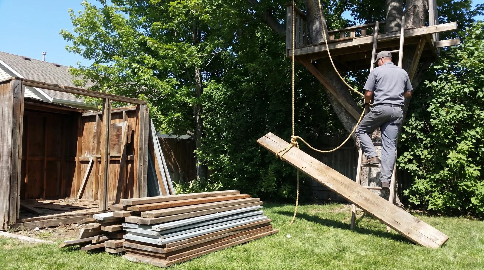 Worker lowering a weathered plank from a half-dismantled treehouse in a backyard tree in Kuna, Idaho