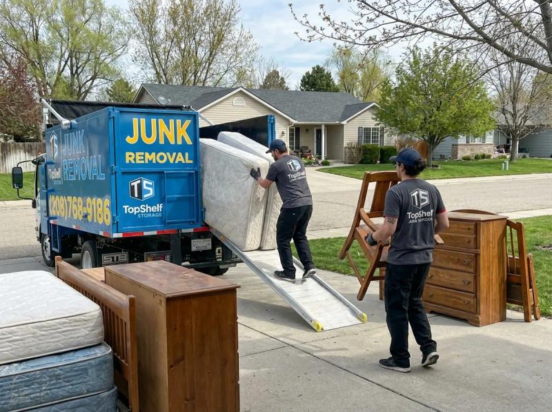 Top Shelf junk removal team hauling rental property junk to the branded truck in Garden City Idaho