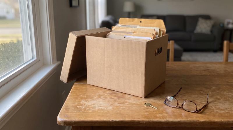 Box of old family paperwork and a small brass key on a kitchen table during a property cleanout in Star, Idaho