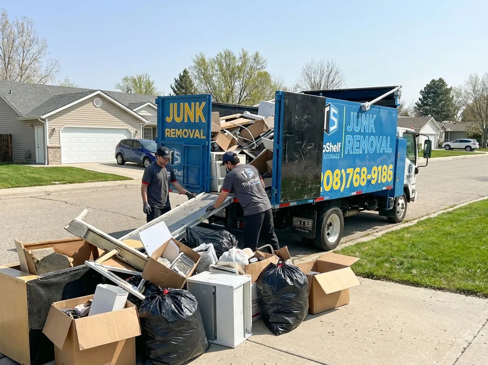 Top Shelf crew removing bulk trash from a residential property in Middleton Idaho