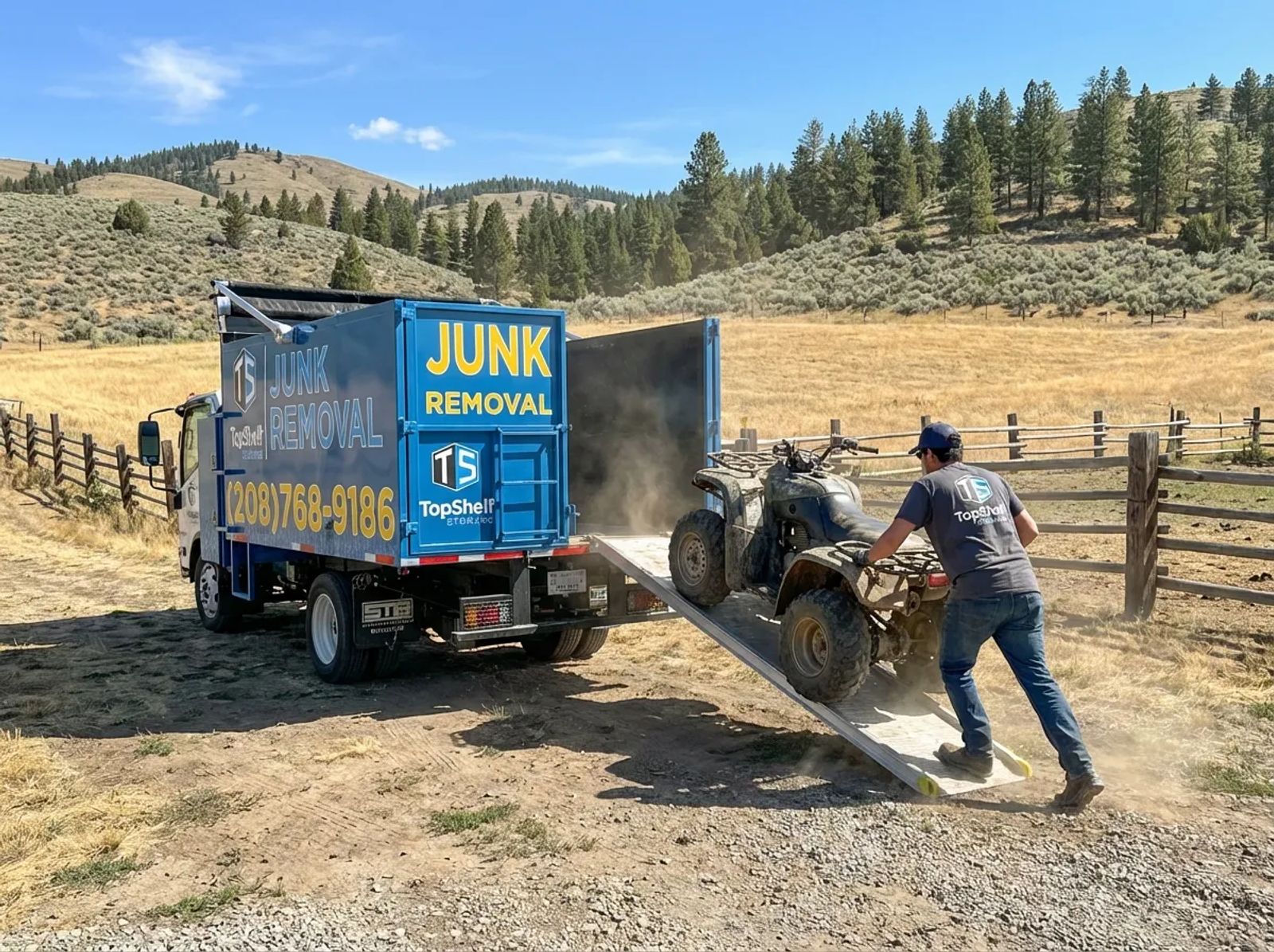 Top Shelf junk removal team hauling an ATV to the branded truck in Nampa Idaho