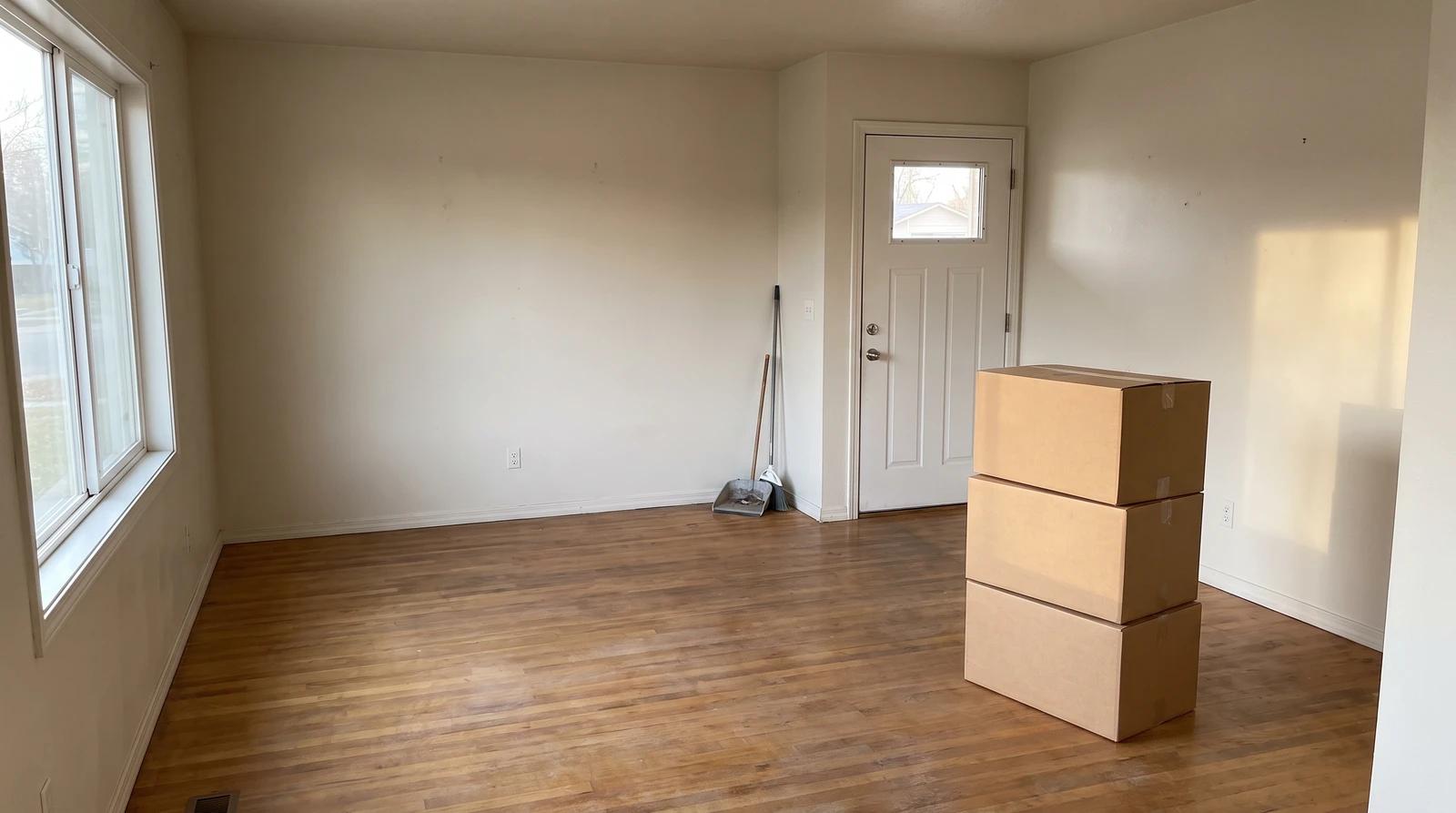 Cleared rental living room in Garden City, Idaho after a landlord hoarding cleanup, with sealed boxes stacked by the front door