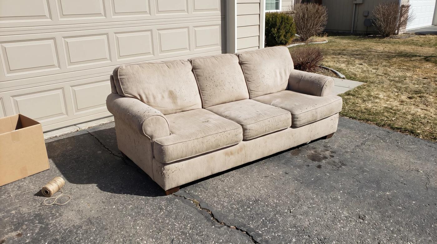 An old fabric couch set out on a driveway for furniture removal at a home in Star, Idaho