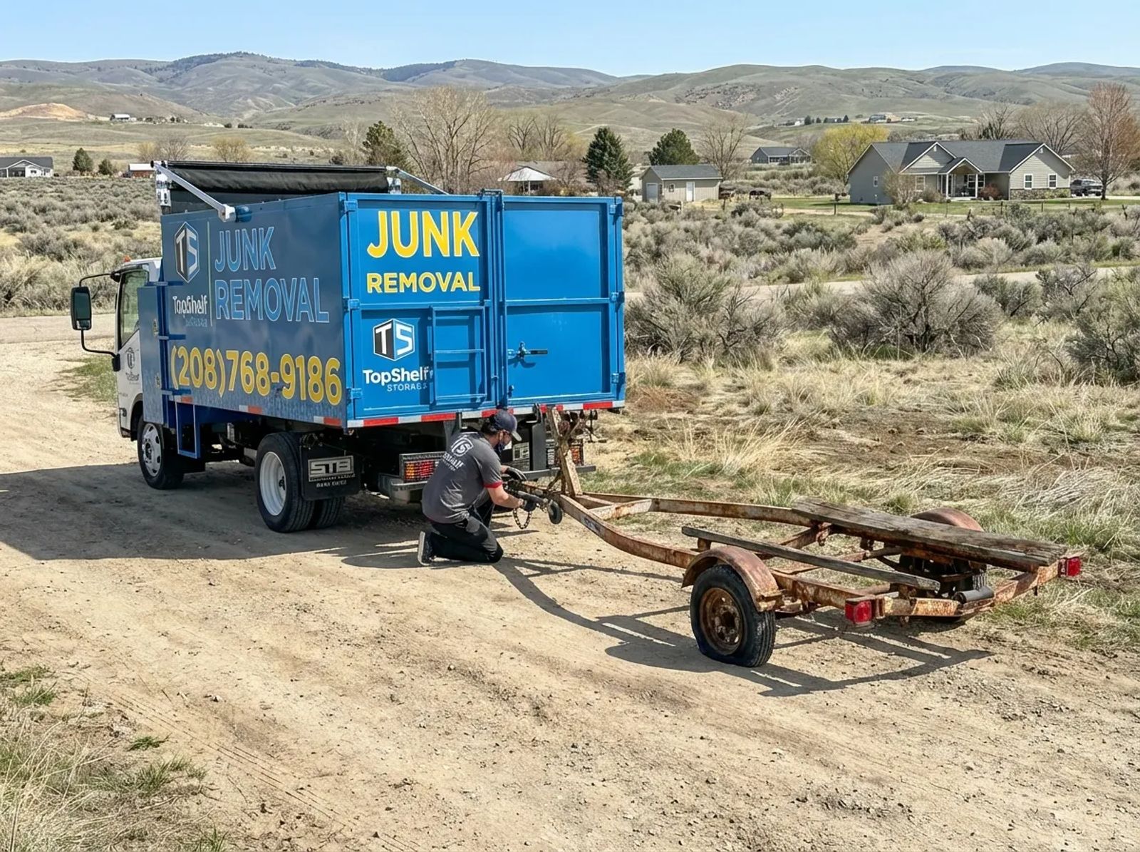 Top Shelf crew removing boat trailer and motorsport equipment from a residential property in Middleton Idaho