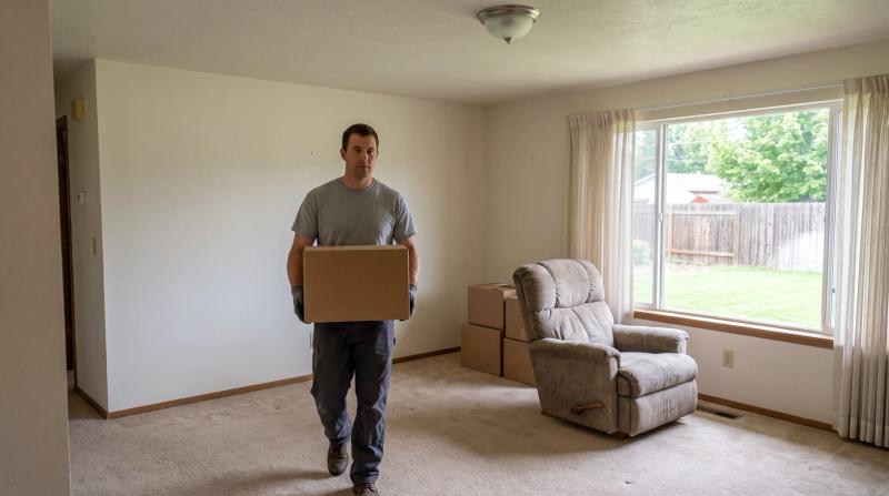 Worker carrying a box out of a foreclosed ranch home's living room during a property cleanout in Nampa, Idaho