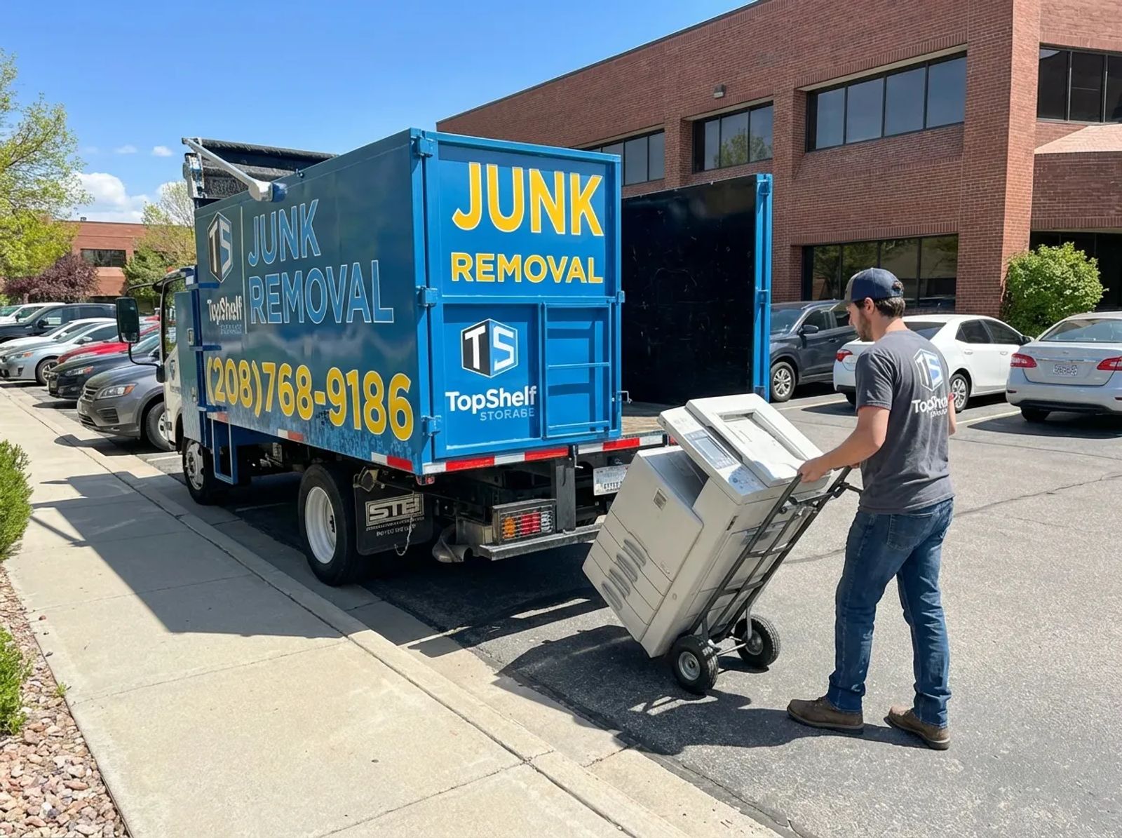 Top Shelf crew removing a paper shredder from a residential property in Nampa Idaho