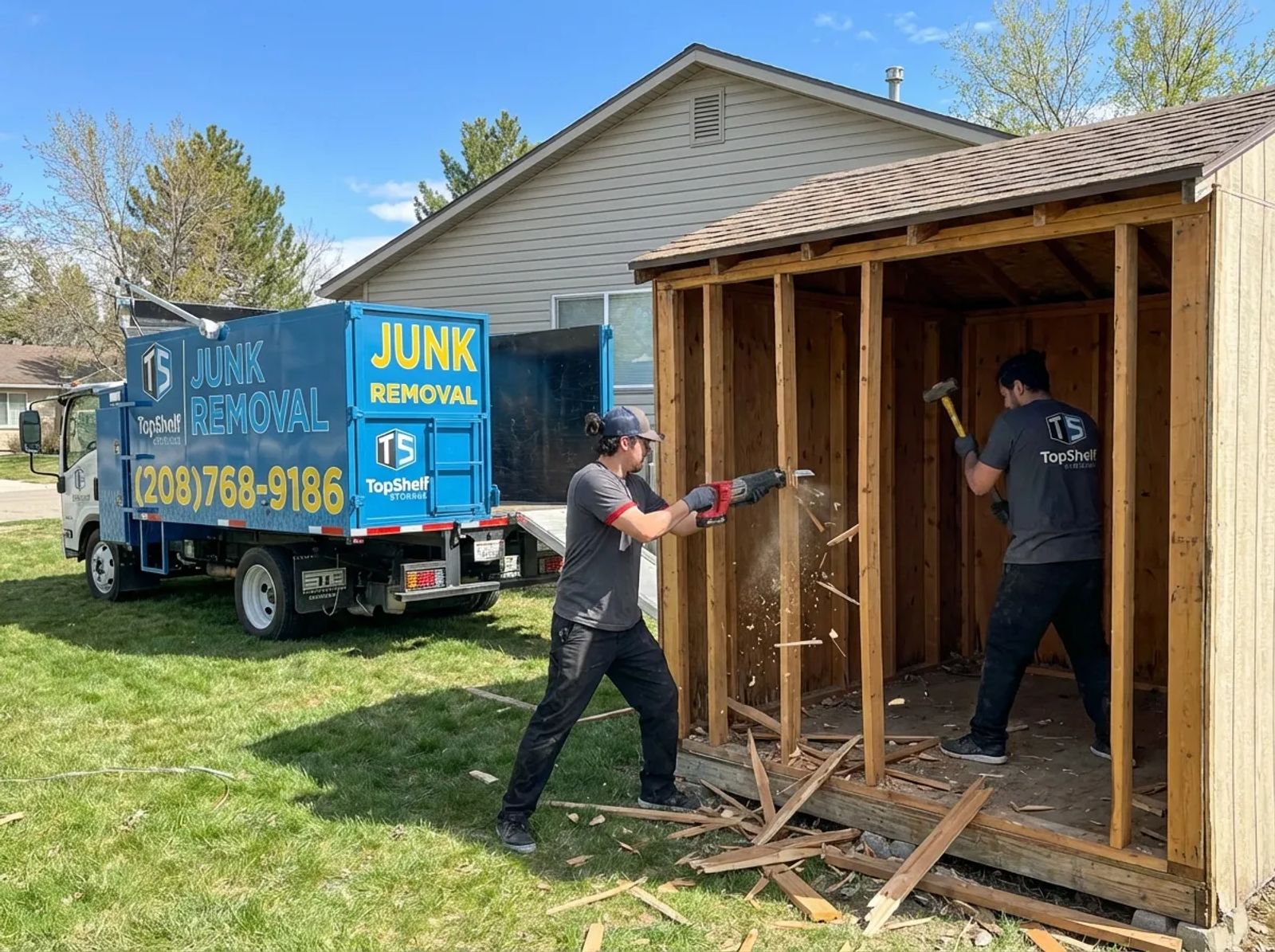 Top Shelf crew demolishing an old shed at a property in Nampa Idaho
