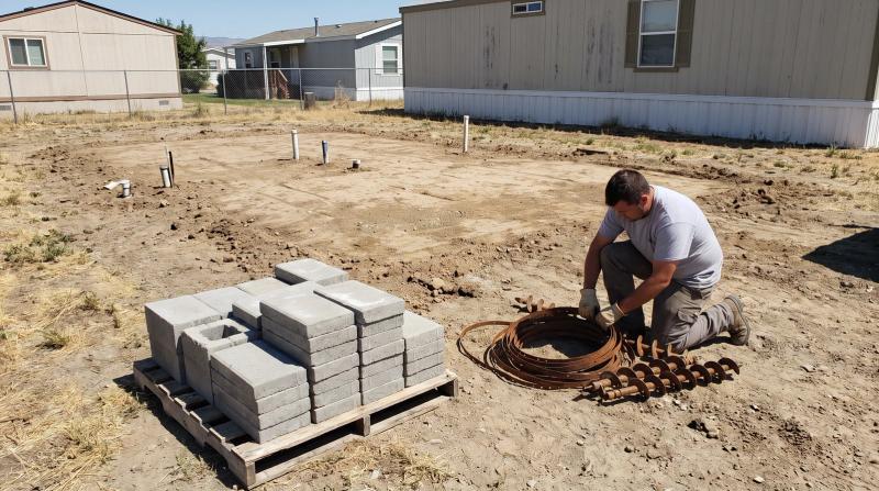 Concrete pier blocks and steel tie-down anchors stacked on a cleared mobile home lot in Garden City, Idaho