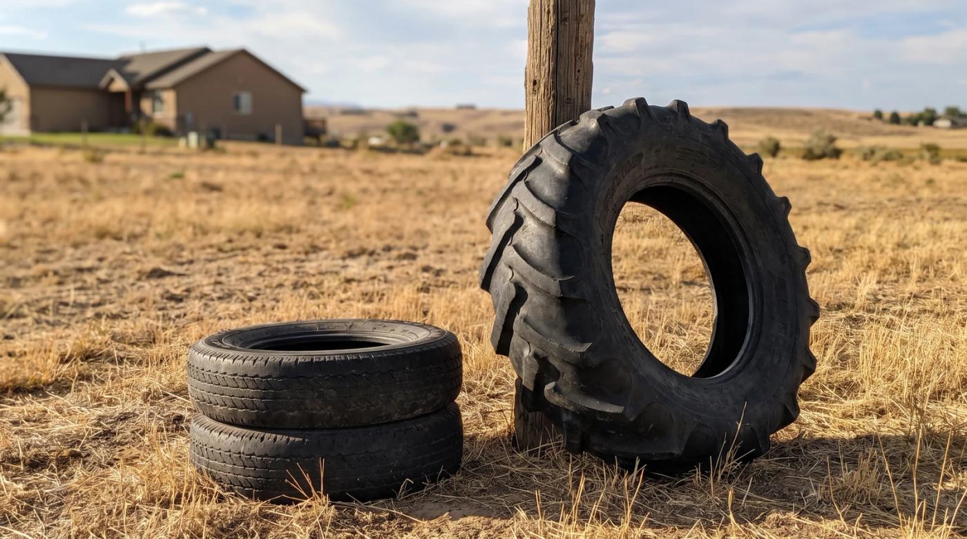 Old tractor tire leaning on a wooden fence with smaller tires stacked nearby on a rural property in Star, Idaho