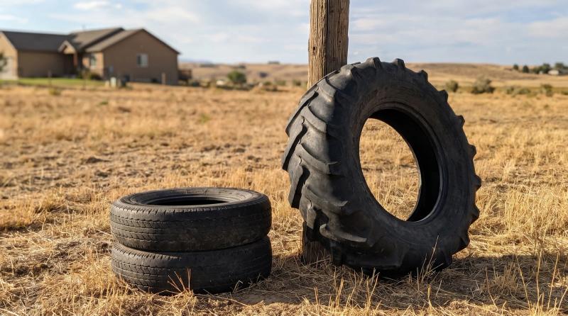 Old tractor tire leaning on a wooden fence with smaller tires stacked nearby on a rural property in Star, Idaho