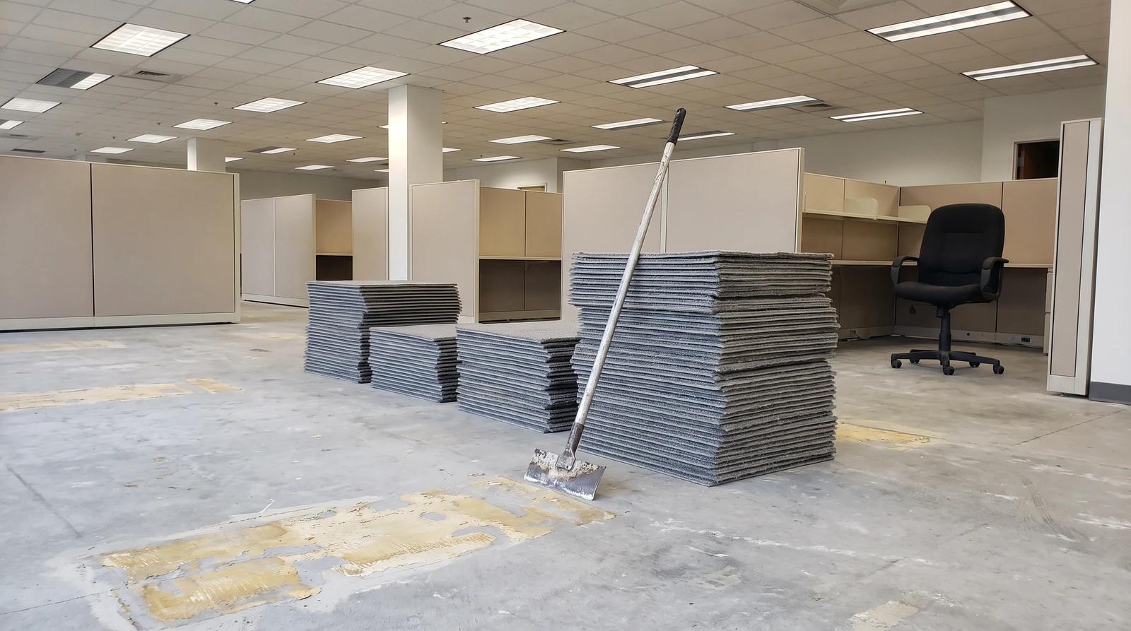 Stacks of removed commercial carpet tiles on a bare concrete office floor in Garden City, Idaho, ready for disposal before new flooring