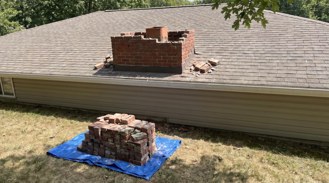 Old red brick chimney partly taken down on a Boise, Idaho home's roof, with salvaged bricks stacked on a tarp in the yard below