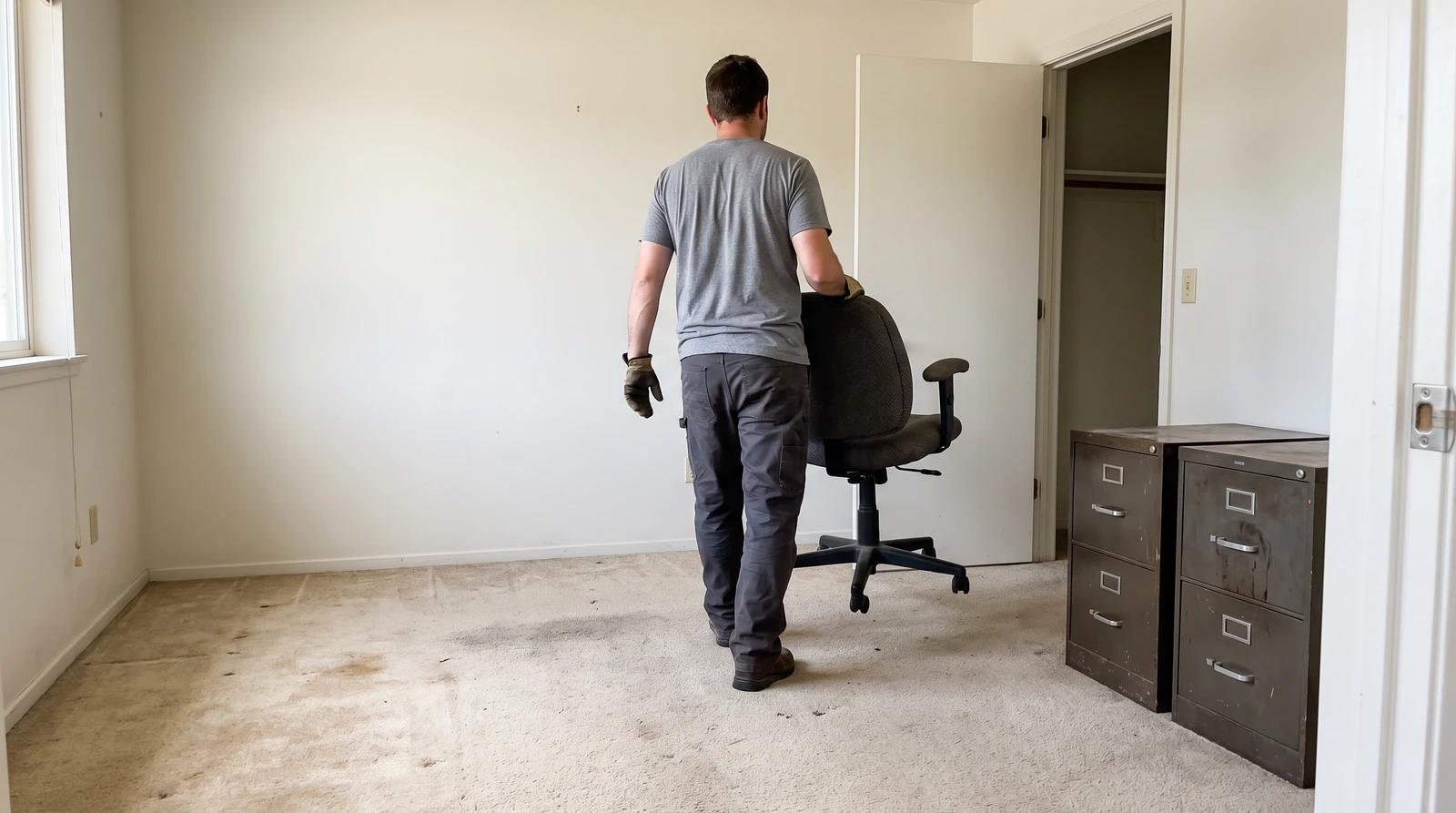 Junk removal worker carrying an old office chair out of an emptied office past two filing cabinets in Emmett, Idaho