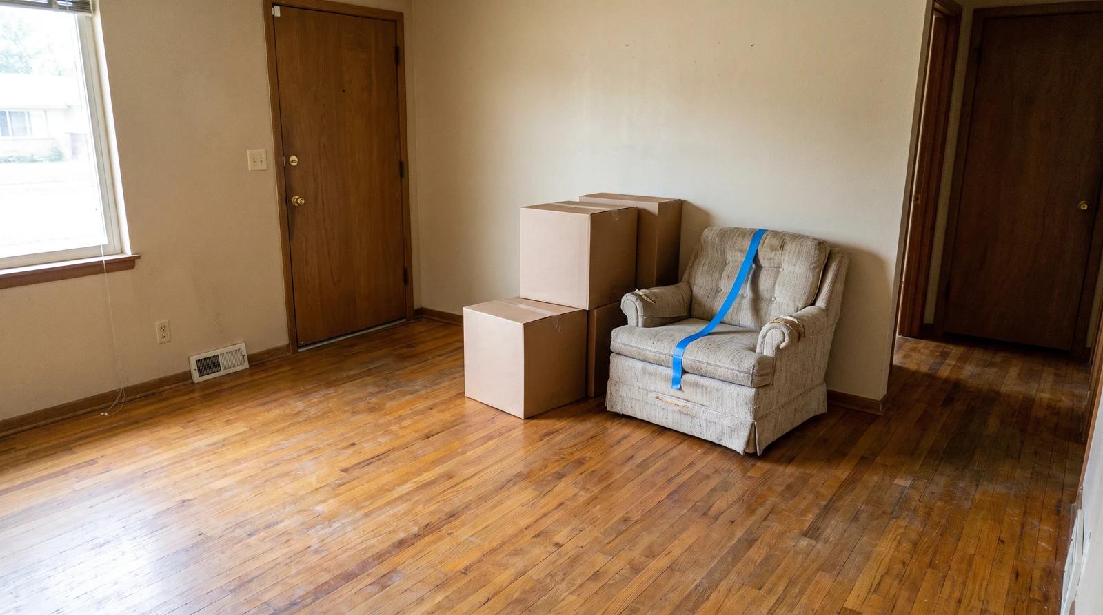 Plain moving boxes and an old armchair tagged with painter's tape for junk removal before a move in Emmett, Idaho