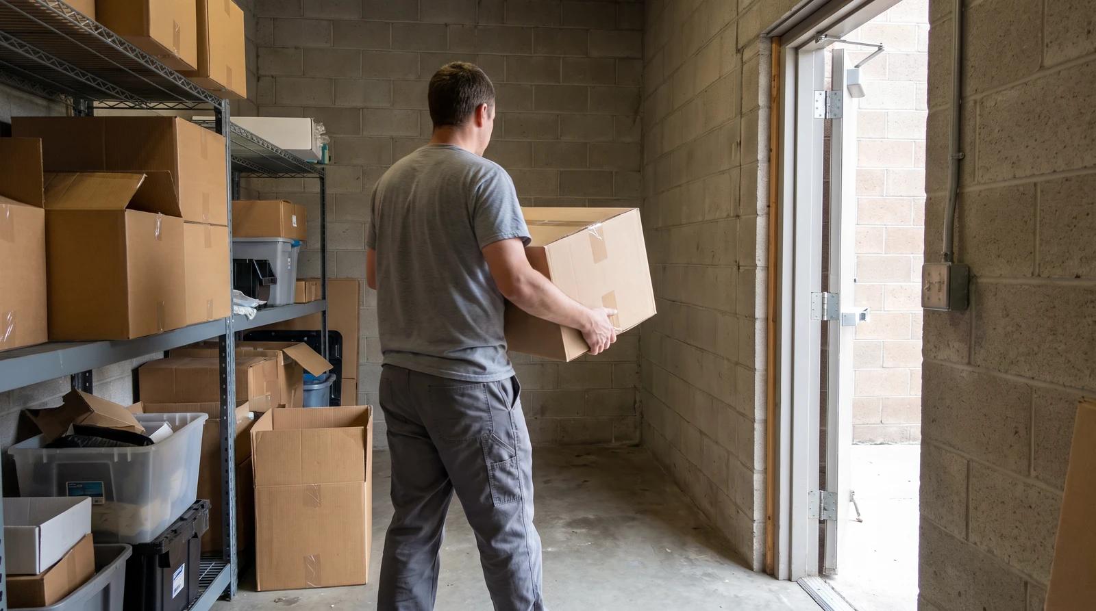 Worker carrying a box out of a cluttered back stockroom during a commercial hoarding cleanup at a small business in Garden City, Idaho