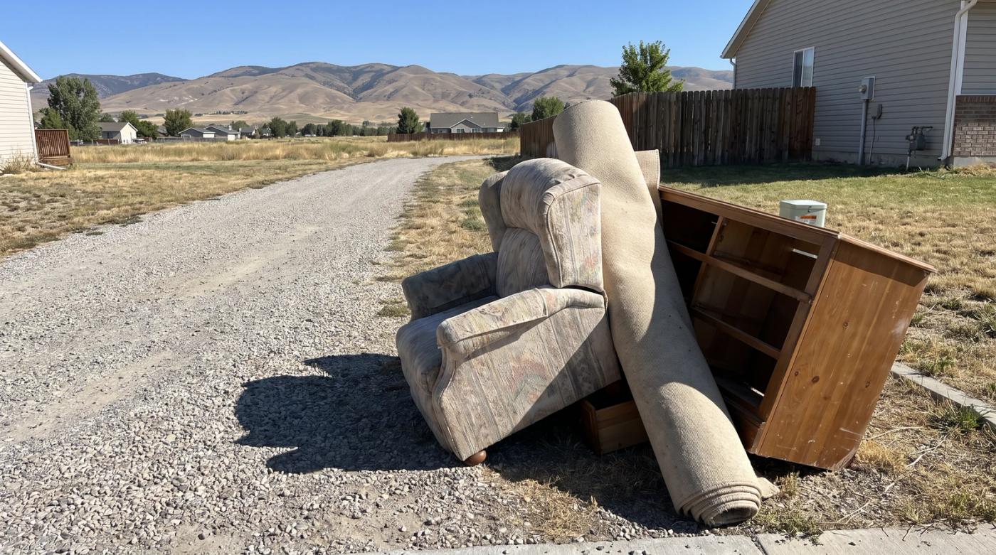 Old armchair, rolled carpet and a broken dresser piled at the end of a gravel driveway with dry foothills behind, ready for junk removal in Boise, Idaho.