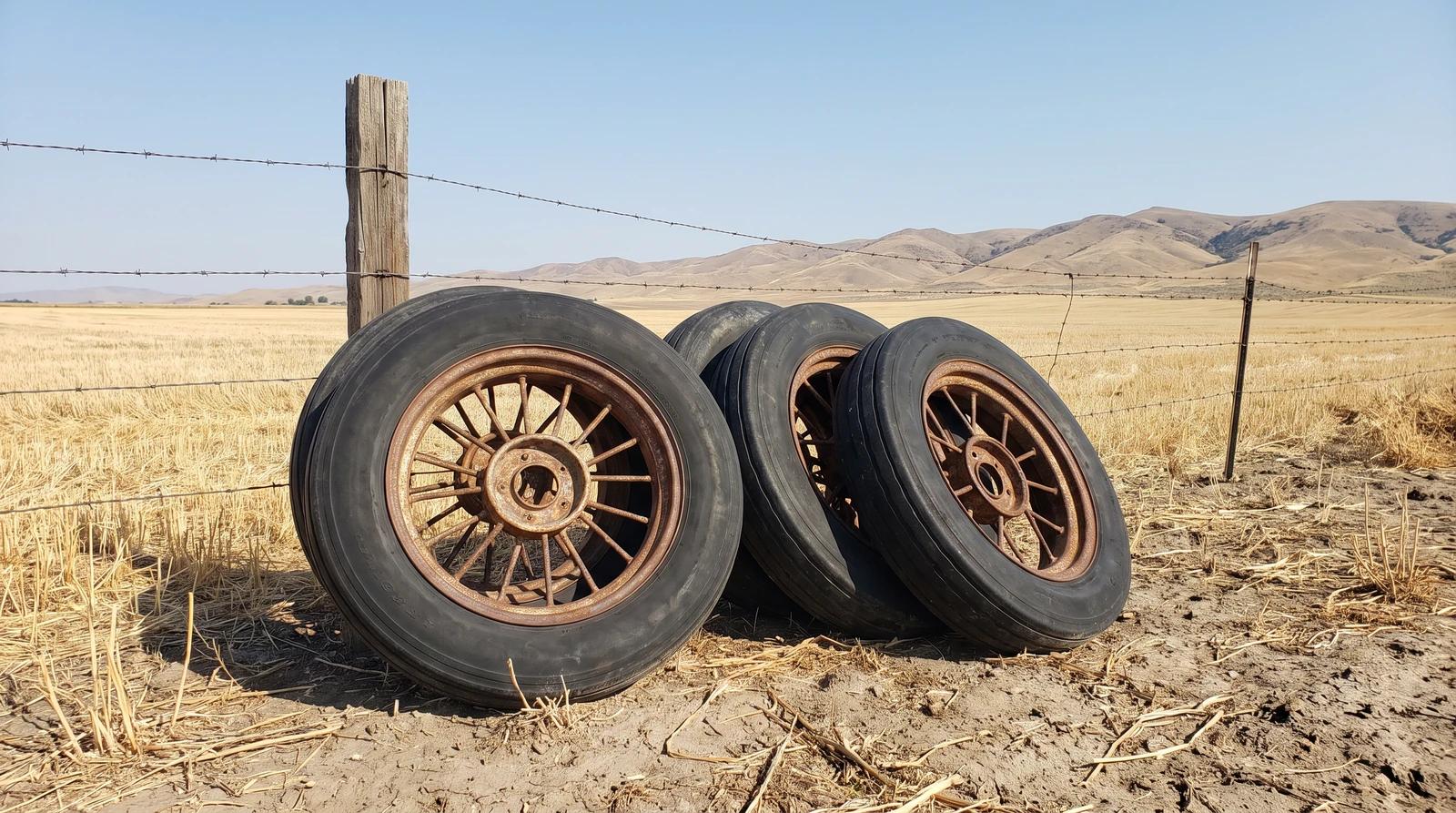 Old cracked center pivot irrigation tires on rusty wheels stacked at the edge of a harvested field near Nampa, Idaho