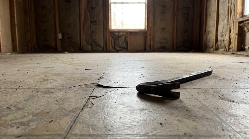Worn vinyl floor tiles inside an older mobile home in Caldwell, Idaho, waiting on asbestos testing before demolition