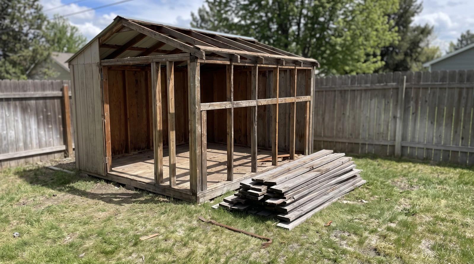 Partly dismantled old wood shed with its roof off and a stack of salvaged boards in a backyard in Garden City, Idaho