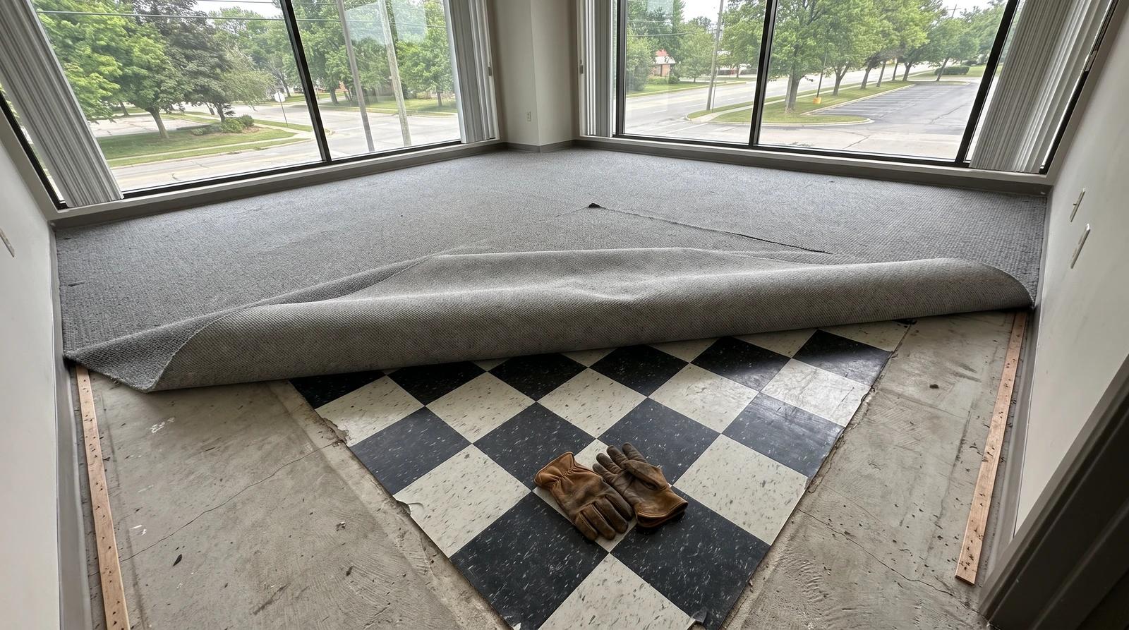 Gray commercial carpet rolled back to reveal old checkerboard vinyl floor tile in an empty office in Kuna, Idaho