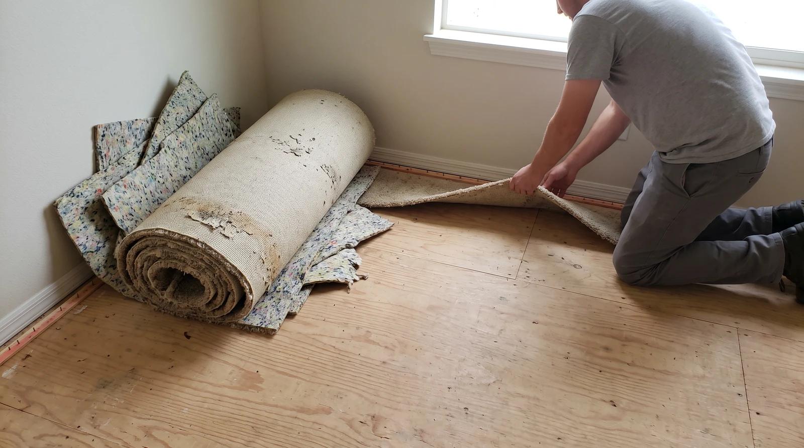 Worker pulling old carpet and pad from an empty rental bedroom between tenants in Caldwell, Idaho