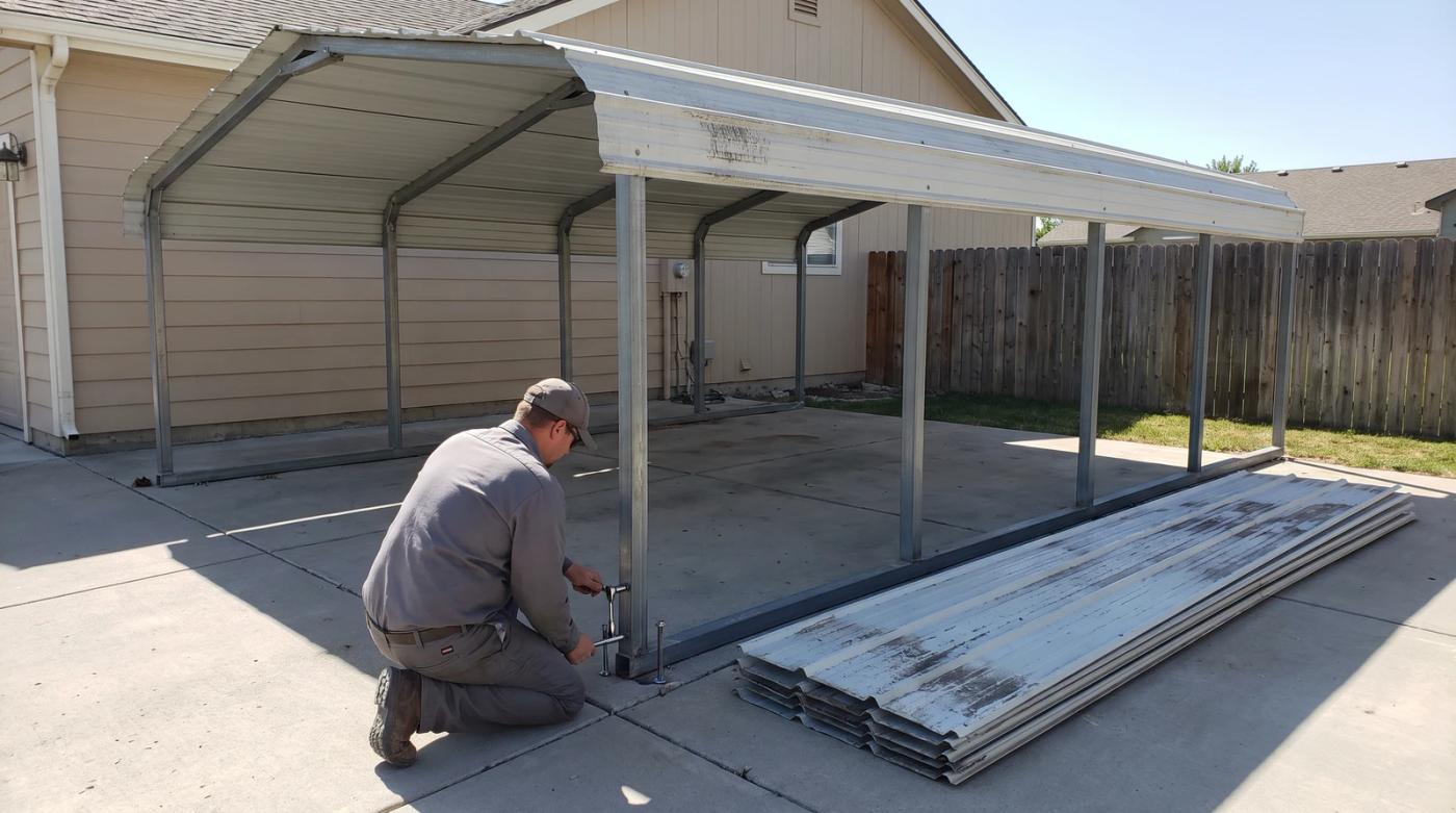 Worker taking apart an old metal carport frame on a concrete pad beside a house in Boise, Idaho