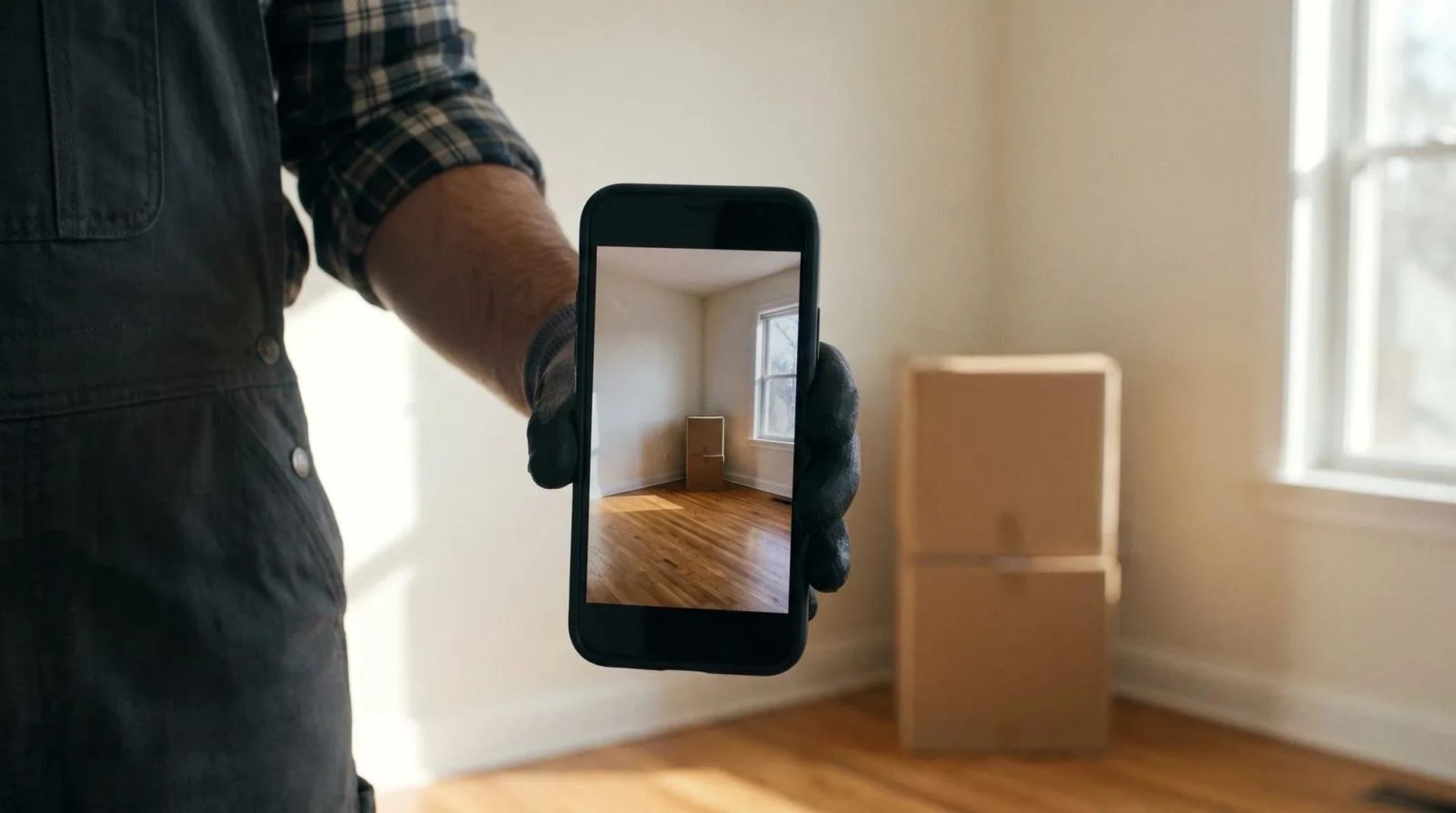 Worker photographing an empty rental living room with bare walls and two stacked cardboard boxes before a cleanout in Nampa, Idaho