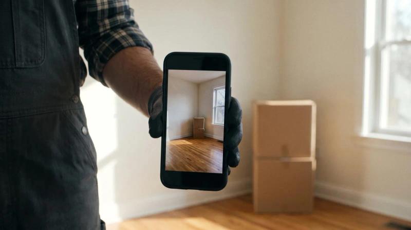 Worker photographing an empty rental living room with bare walls and two stacked cardboard boxes before a cleanout in Nampa, Idaho